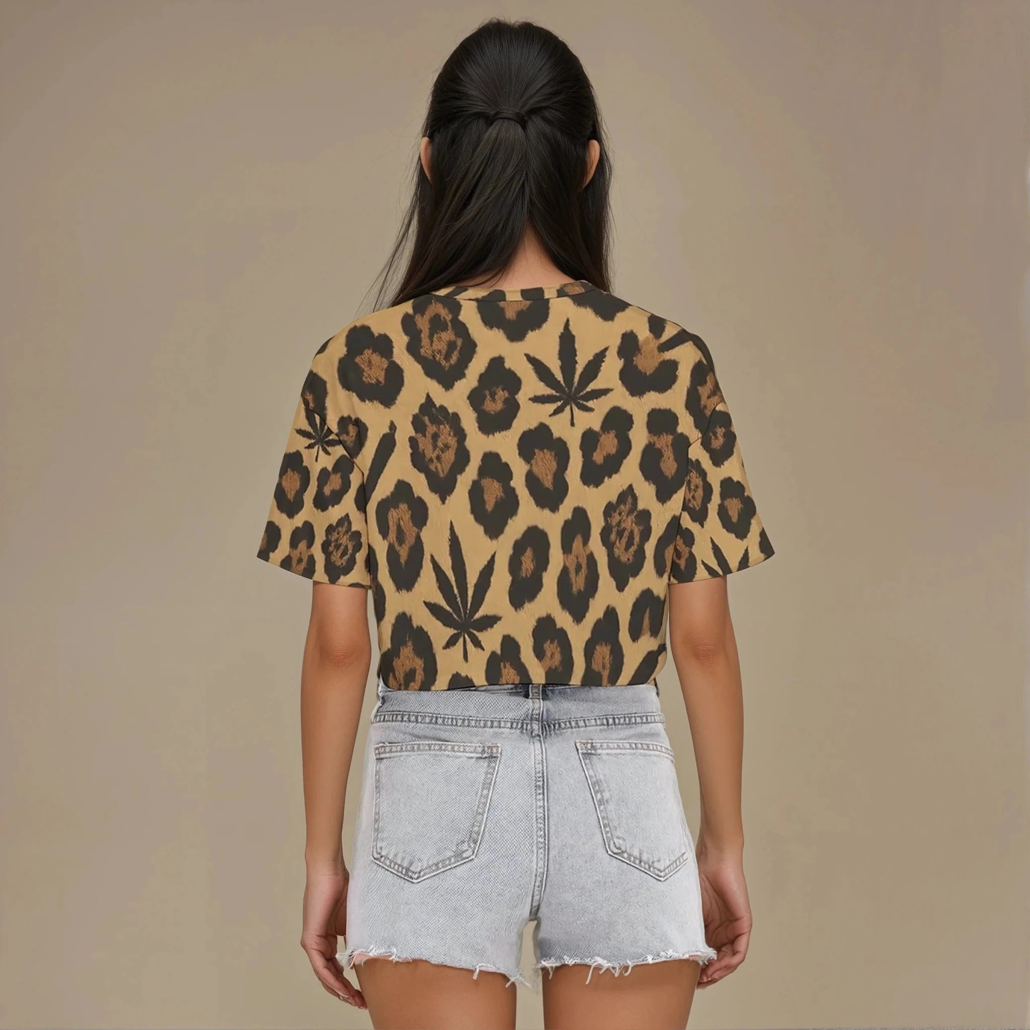 Leopard print cropped cotton t-shirt, flat lay back