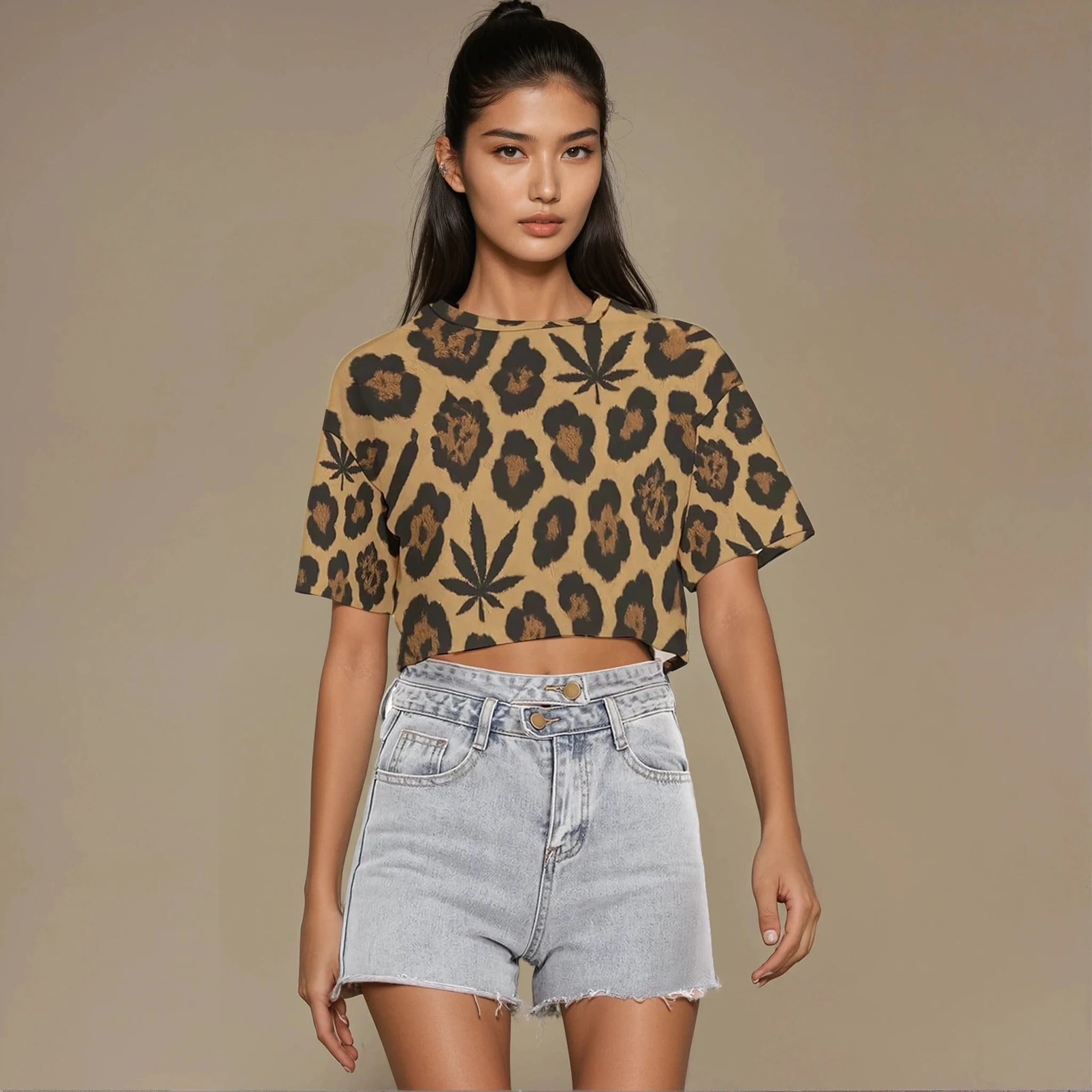 Jane Dope leopard print cropped cotton t-shirt, front view on model