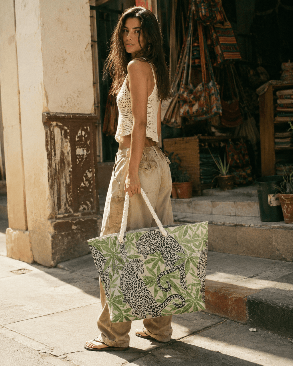 Leopard print hemp rope tote, front view on flat surface