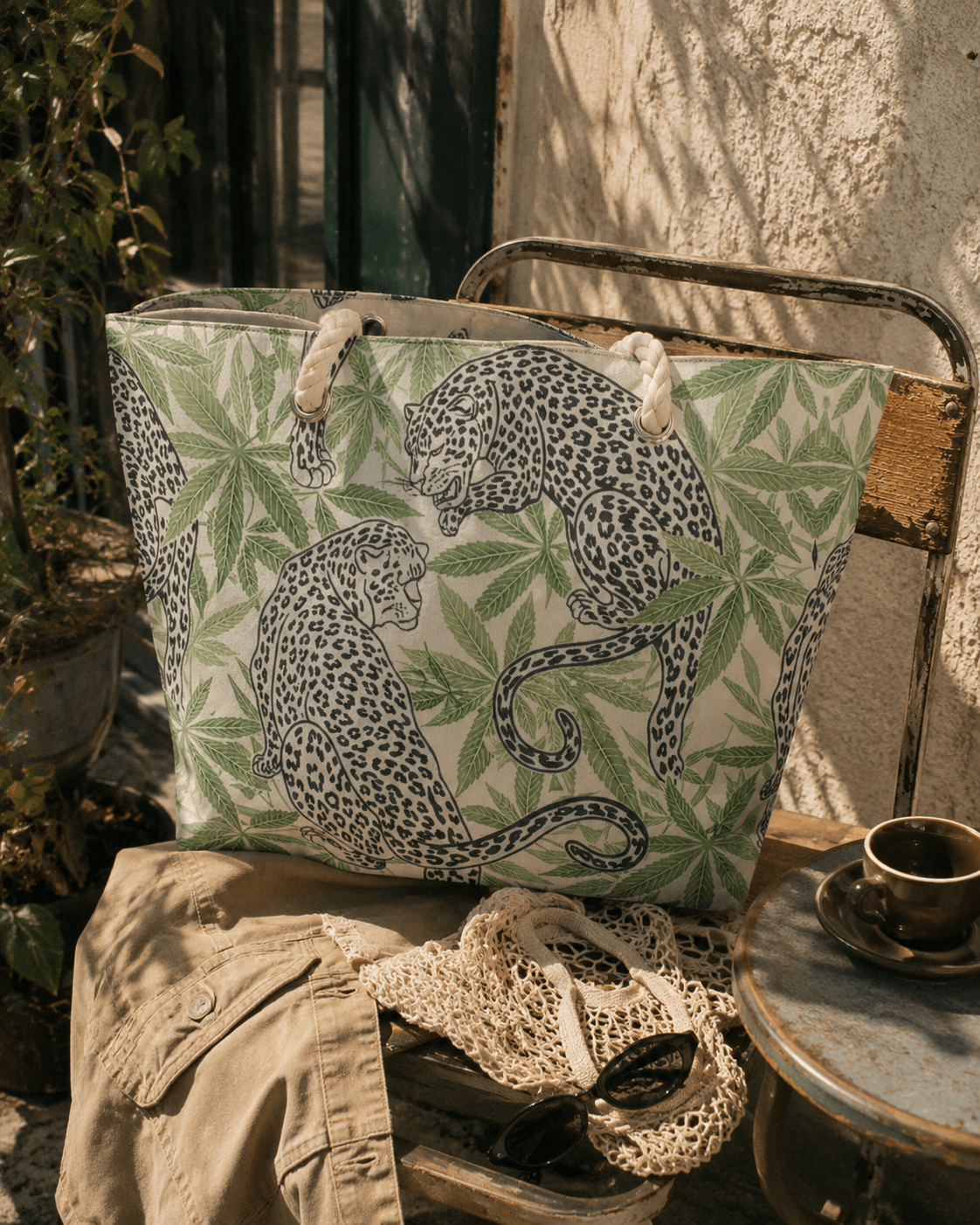 Leopard print hemp rope tote, side view showing handle detail