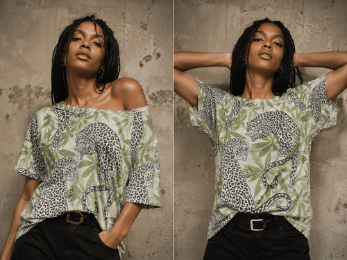 Leopard print relaxed boat neck half-sleeve t-shirt, back view