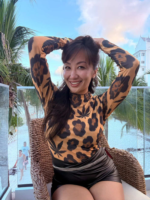 Leopard mesh long sleeve top, front view on model