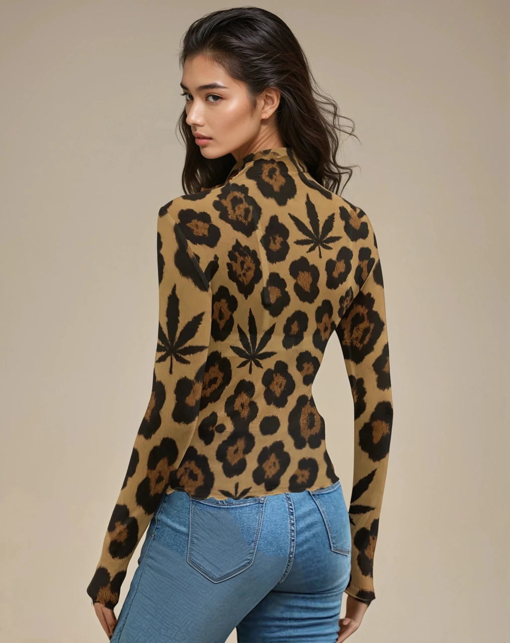 Leopard mesh long sleeve top, mesh fabric detail close-up