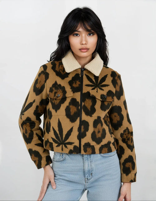 Jane Dope leopard print women's fleece jacket with patch pockets, front view on model