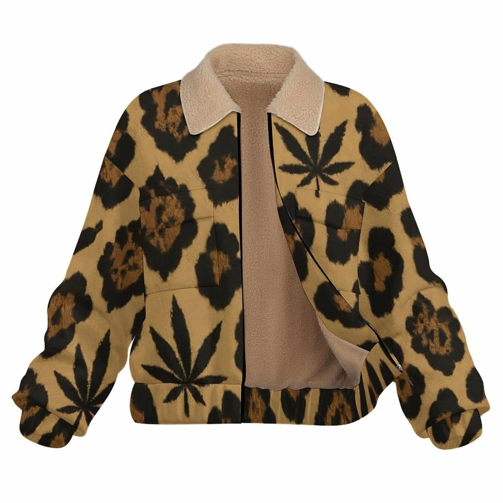 Leopard print patch pocket fleece jacket, back view