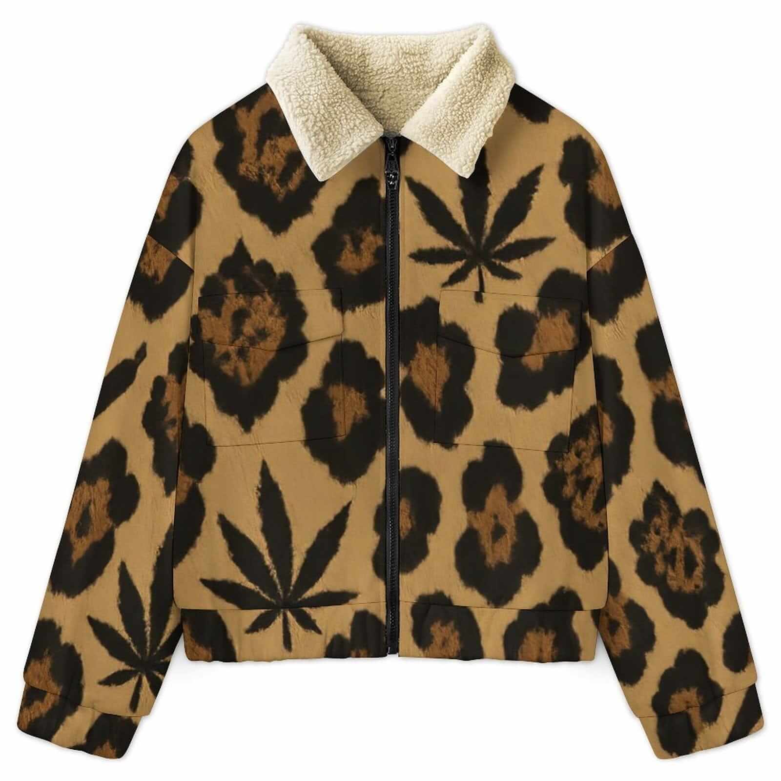 Leopard print patch pocket fleece jacket, front view showing pockets