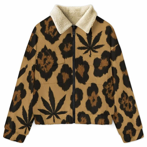 Leopard print patch pocket fleece jacket, front view showing pockets