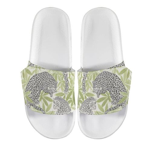 Leopard print velcro strap slide sandals, top-down flat lay