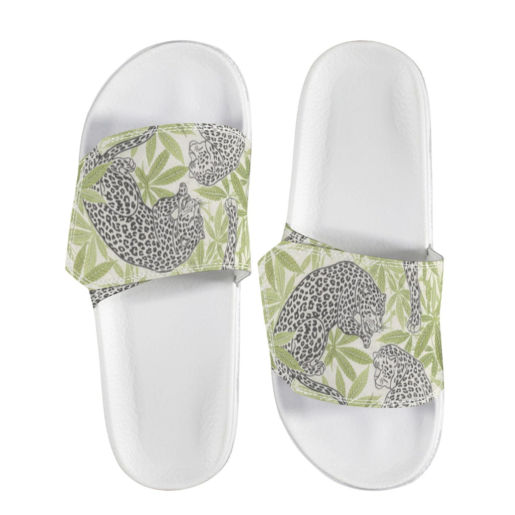 Jane Dope leopard print velcro strap slide sandals, flat lay showing both sandals