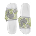 Jane Dope leopard print velcro strap slide sandals, flat lay showing both sandals
