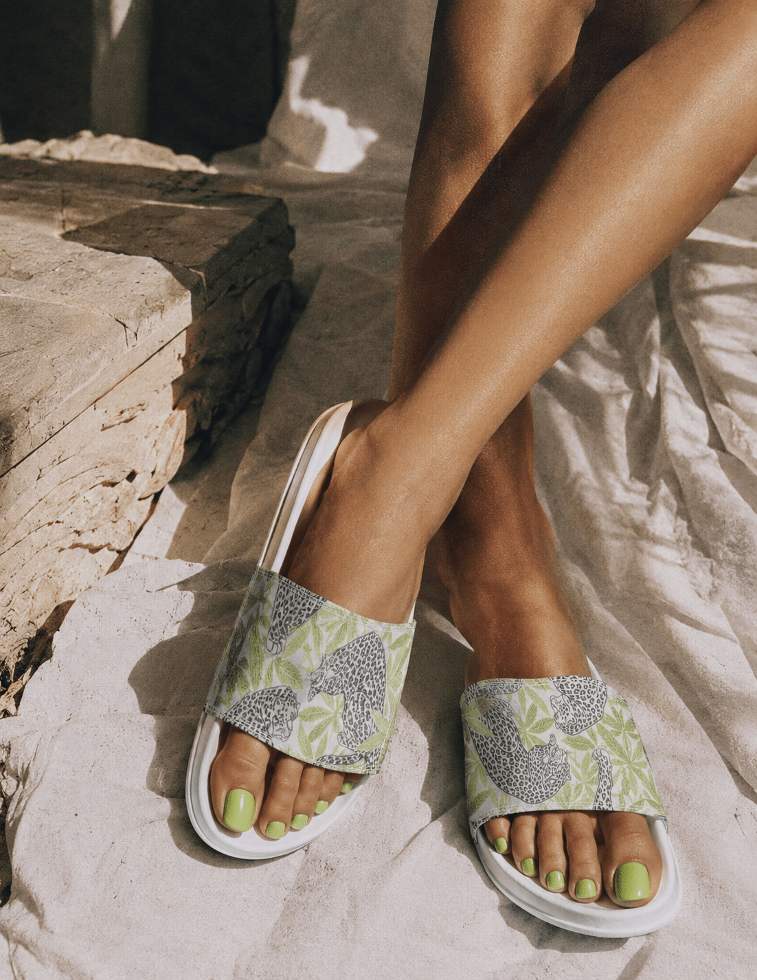 Leopard print velcro strap slide sandals, lifestyle shot on model