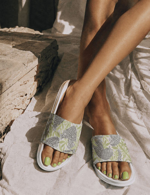 Leopard print velcro strap slide sandals, lifestyle shot on model
