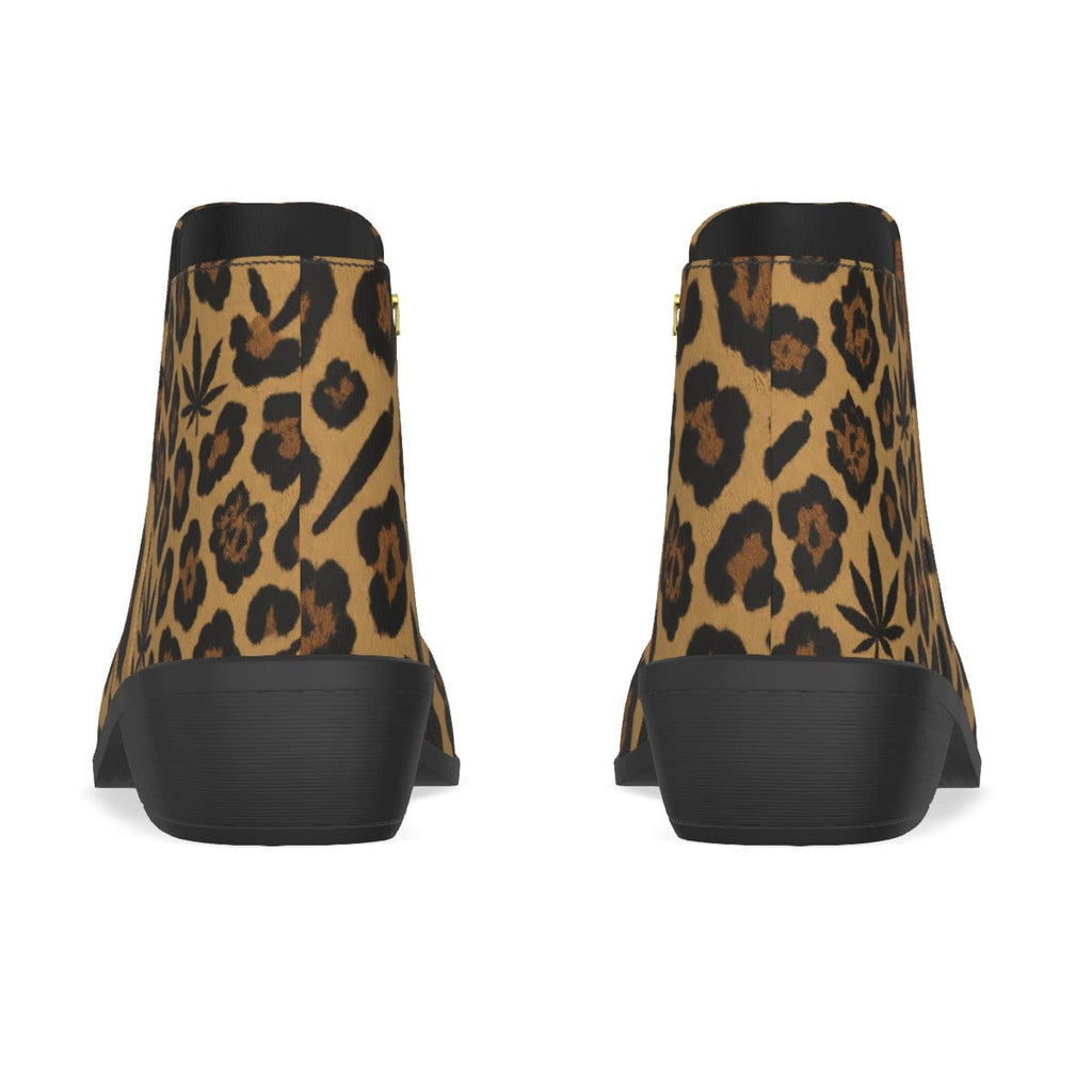 Leopard print vegan suede ankle booties, zip detail close-up
