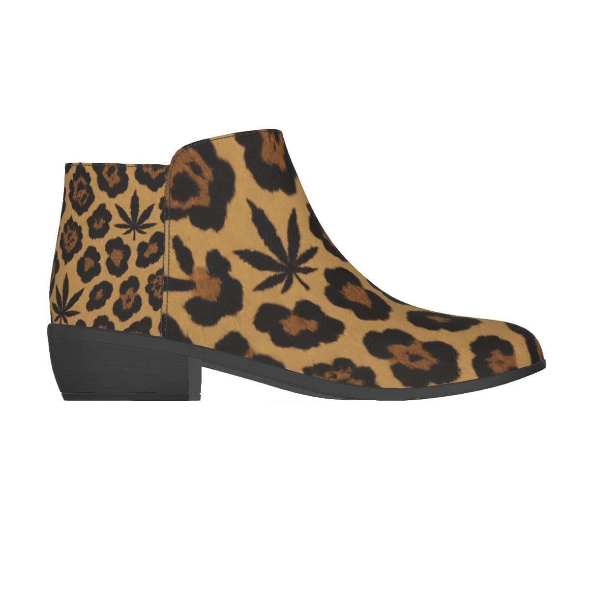 Leopard print vegan suede ankle booties, back view