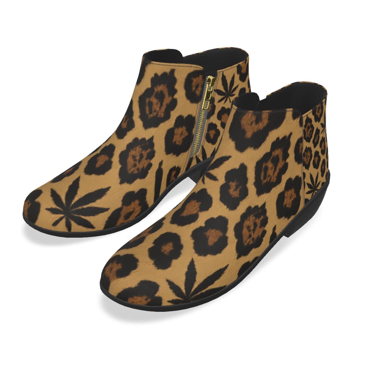 Leopard print vegan suede ankle booties, top-down view