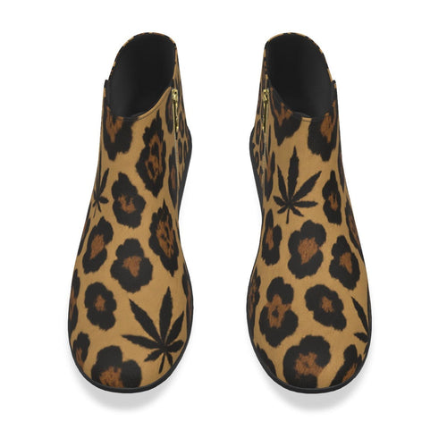 Leopard print vegan suede ankle booties in white, side profile