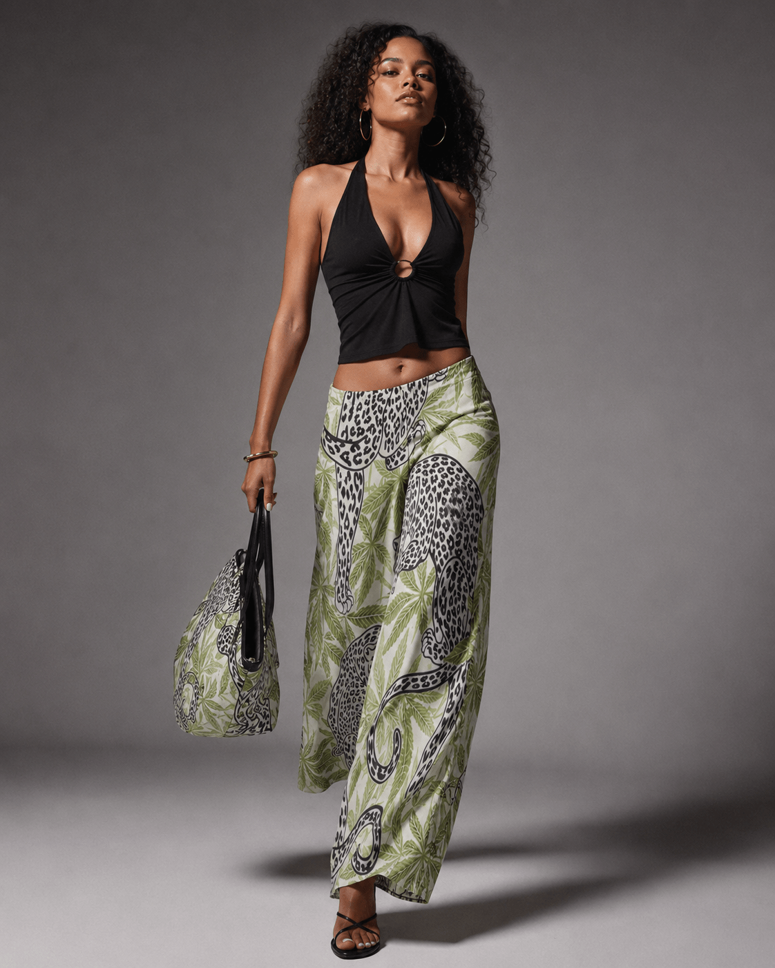 Leopard print wide leg pants, lifestyle editorial shot on model