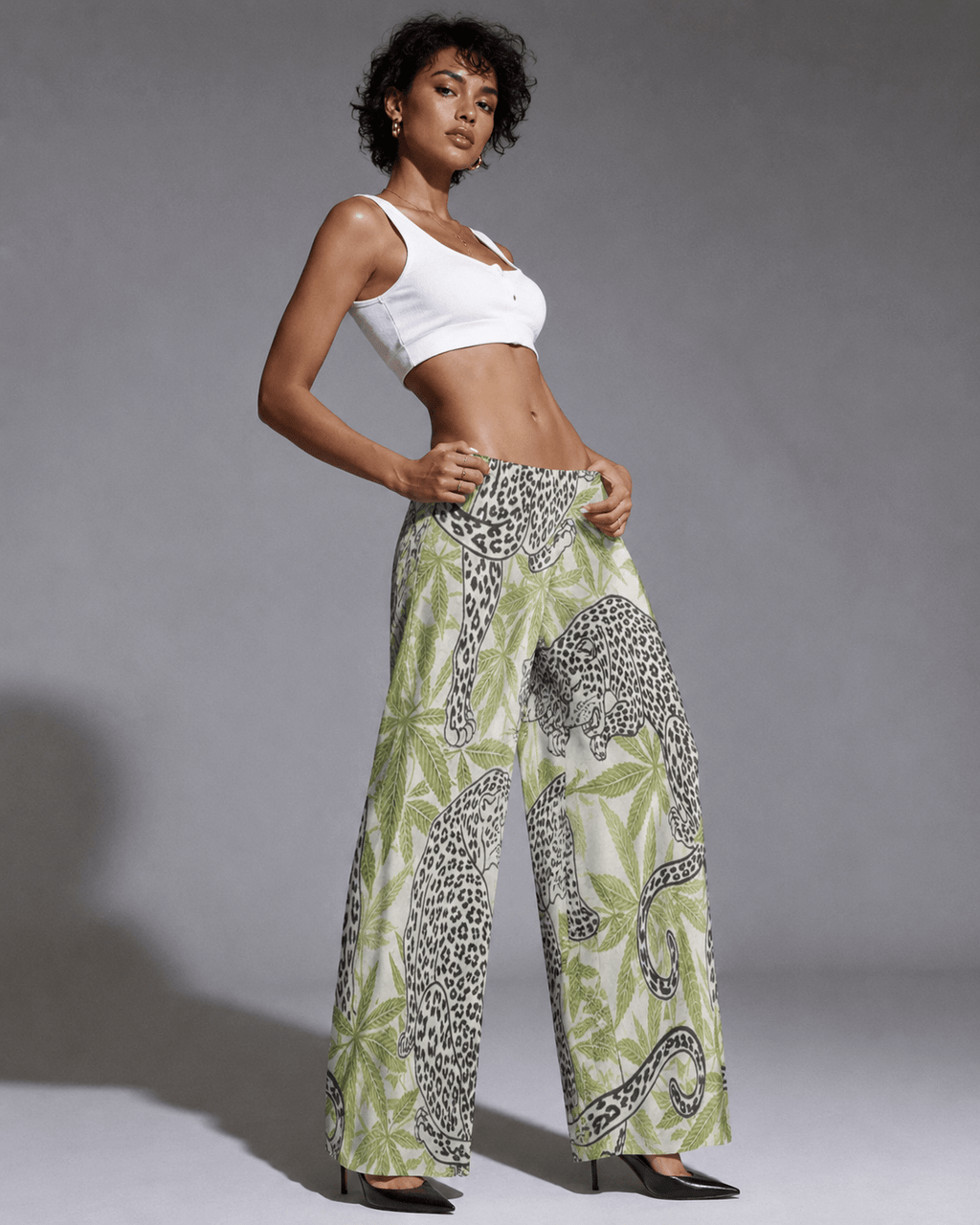 Leopard print wide leg pants, walking shot on model