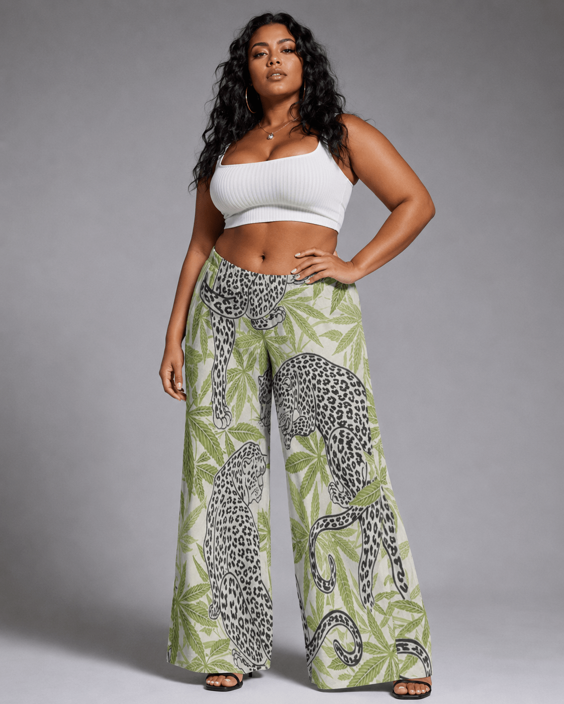 Leopard print wide leg pants, full length view on model outdoors