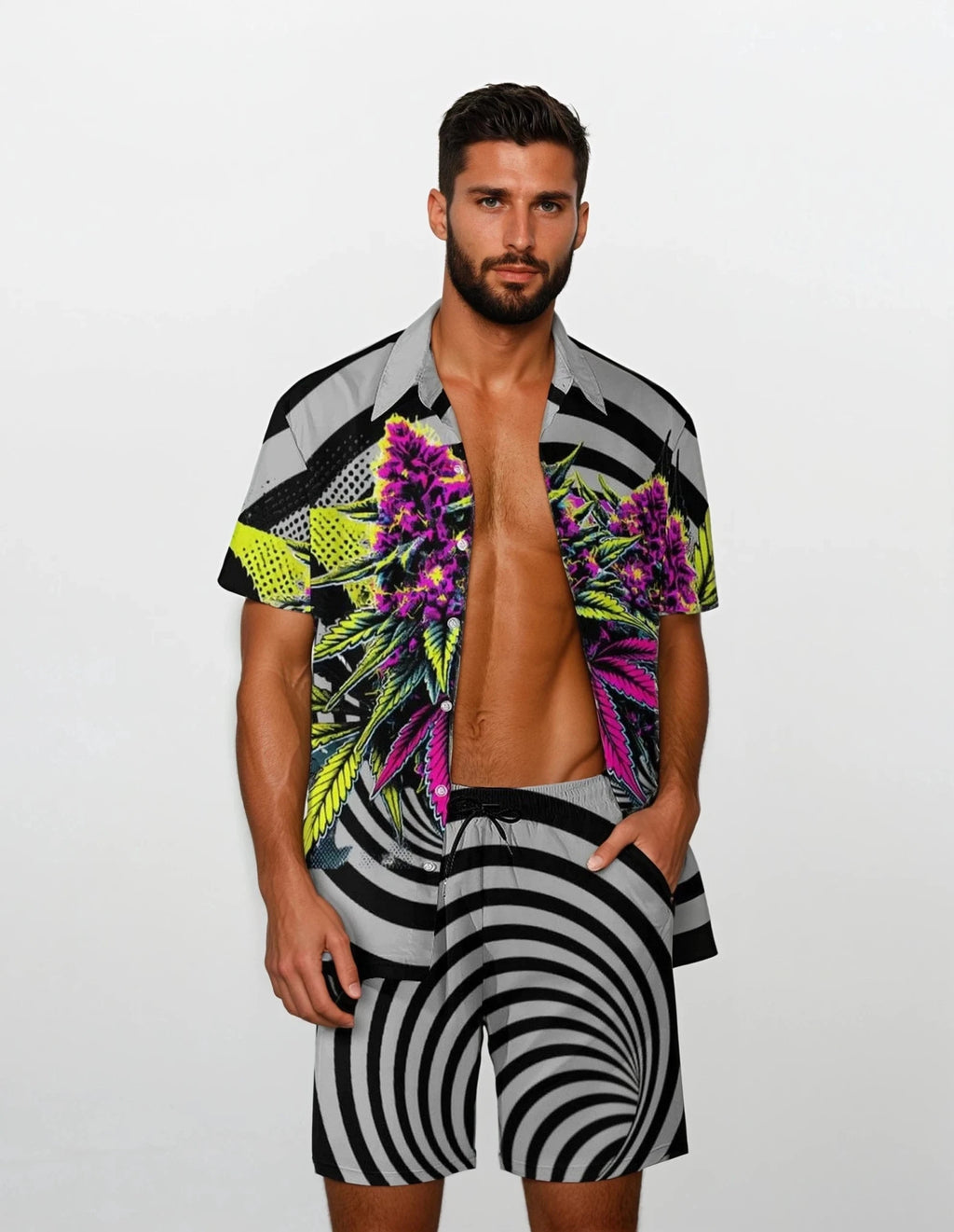 LIT graphic beach suit in white, flat lay showing shirt and shorts