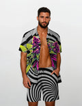 LIT graphic beach suit in white, flat lay showing shirt and shorts