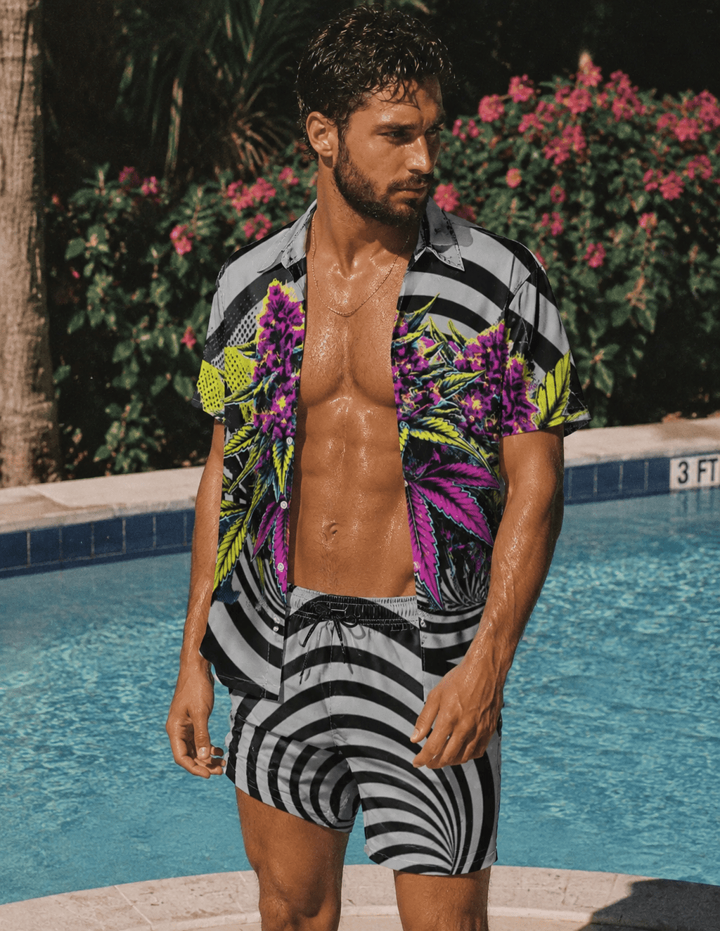 Jane Dope LIT graphic print men's beach shirt and shorts set, lifestyle front view