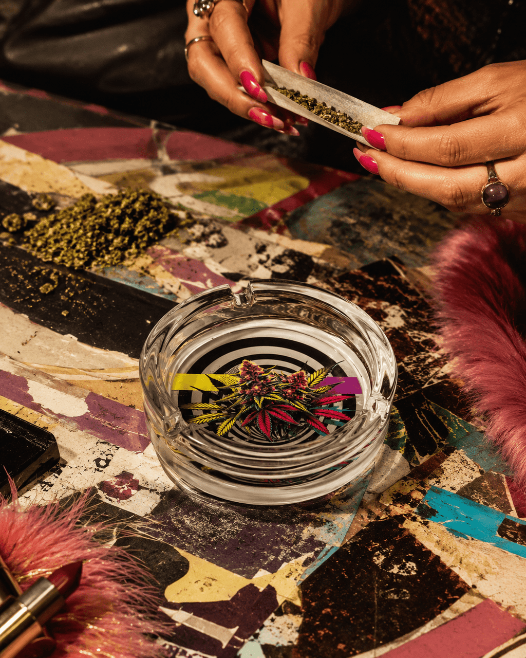 LIT graphic print glass ashtray, lifestyle shot on side table