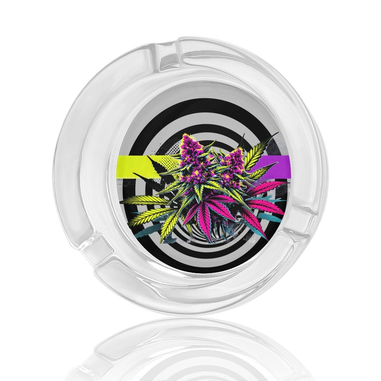 LIT graphic print glass ashtray, side profile view