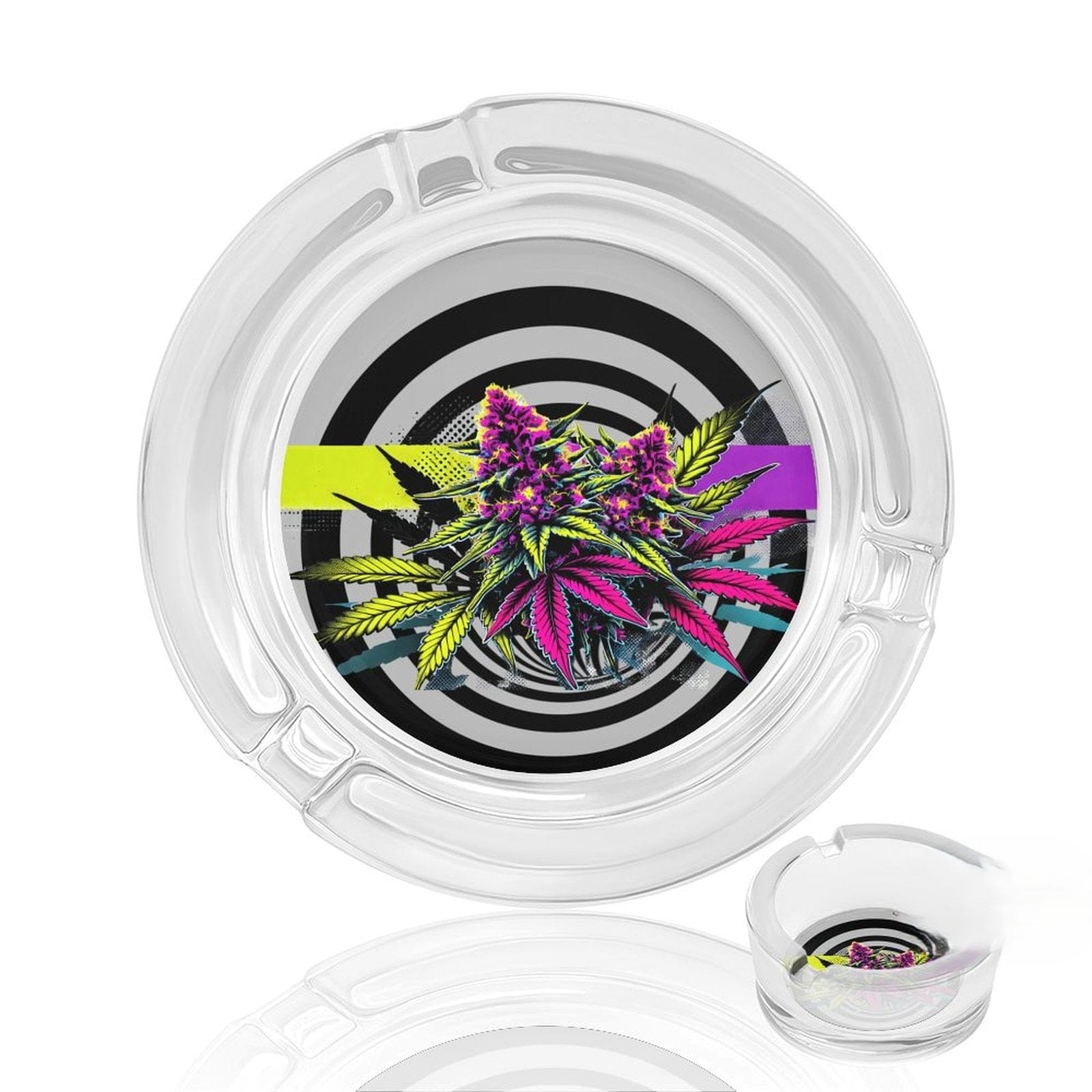 LIT graphic print glass ashtray, top-down view