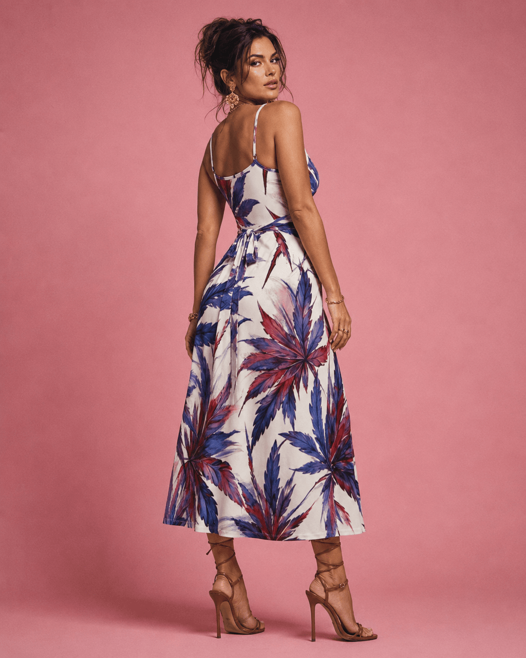 Mendo print tie-waist dress, three-quarter view on model