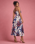 Mendo print tie-waist dress, three-quarter view on model