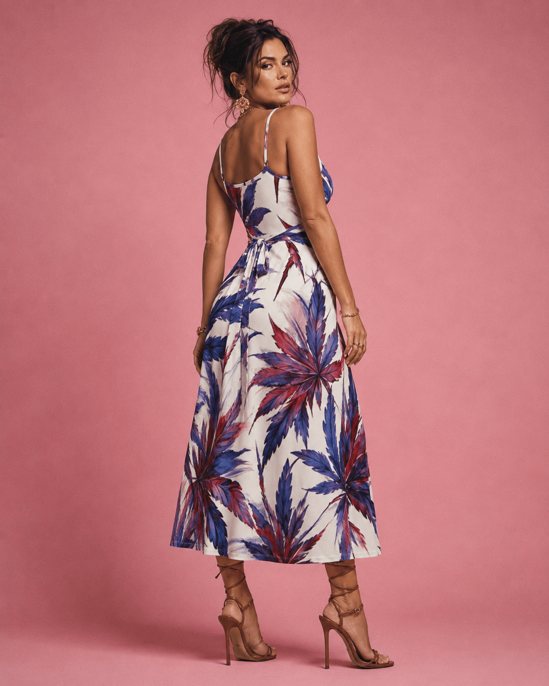Mendo print tie-waist dress, three-quarter view on model