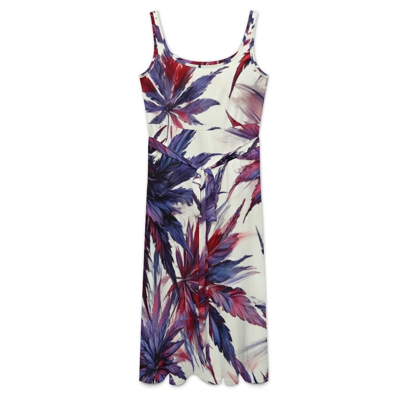 Mendo print tie-waist dress in white, flat lay front