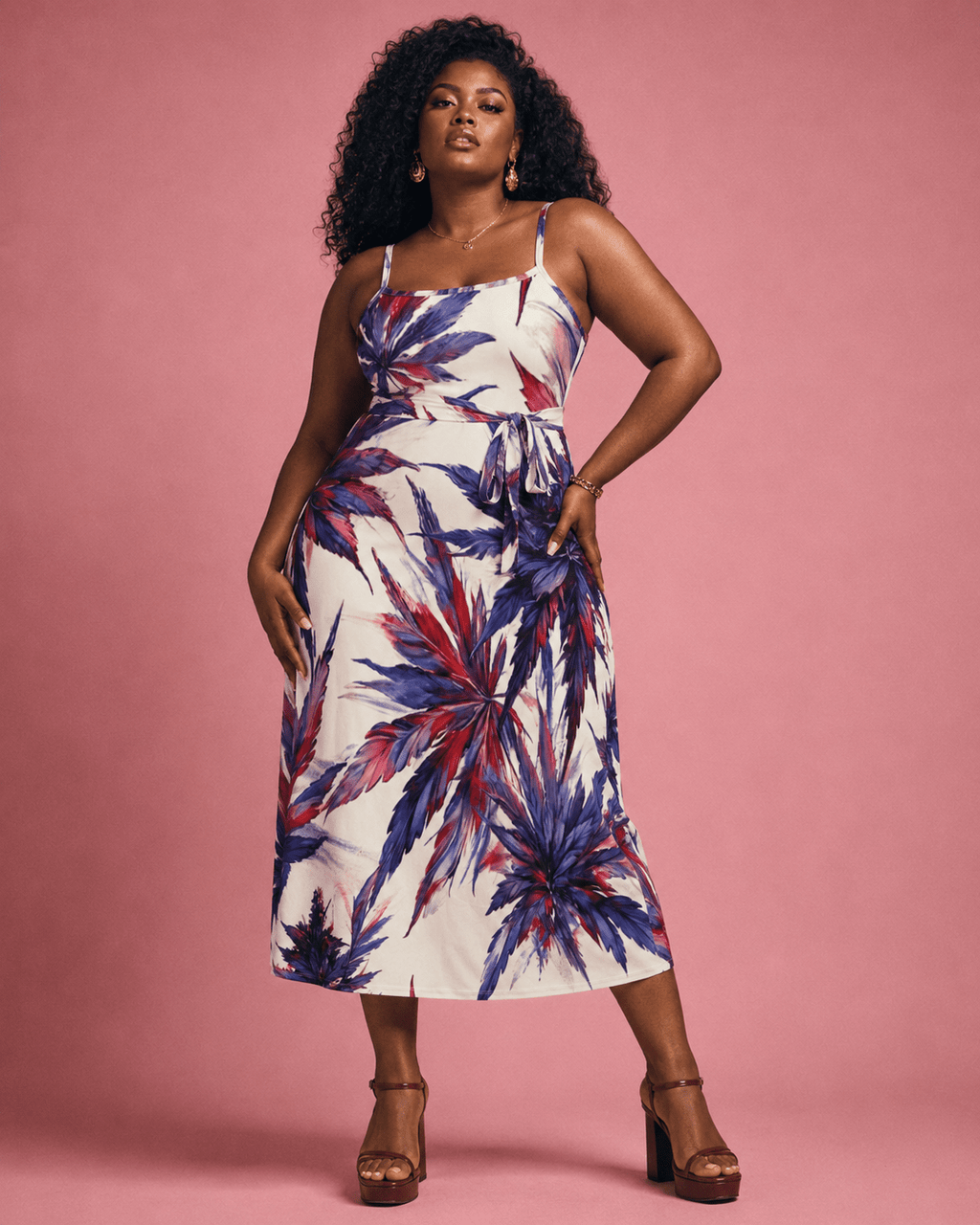 Mendo print tie-waist dress, side view on model