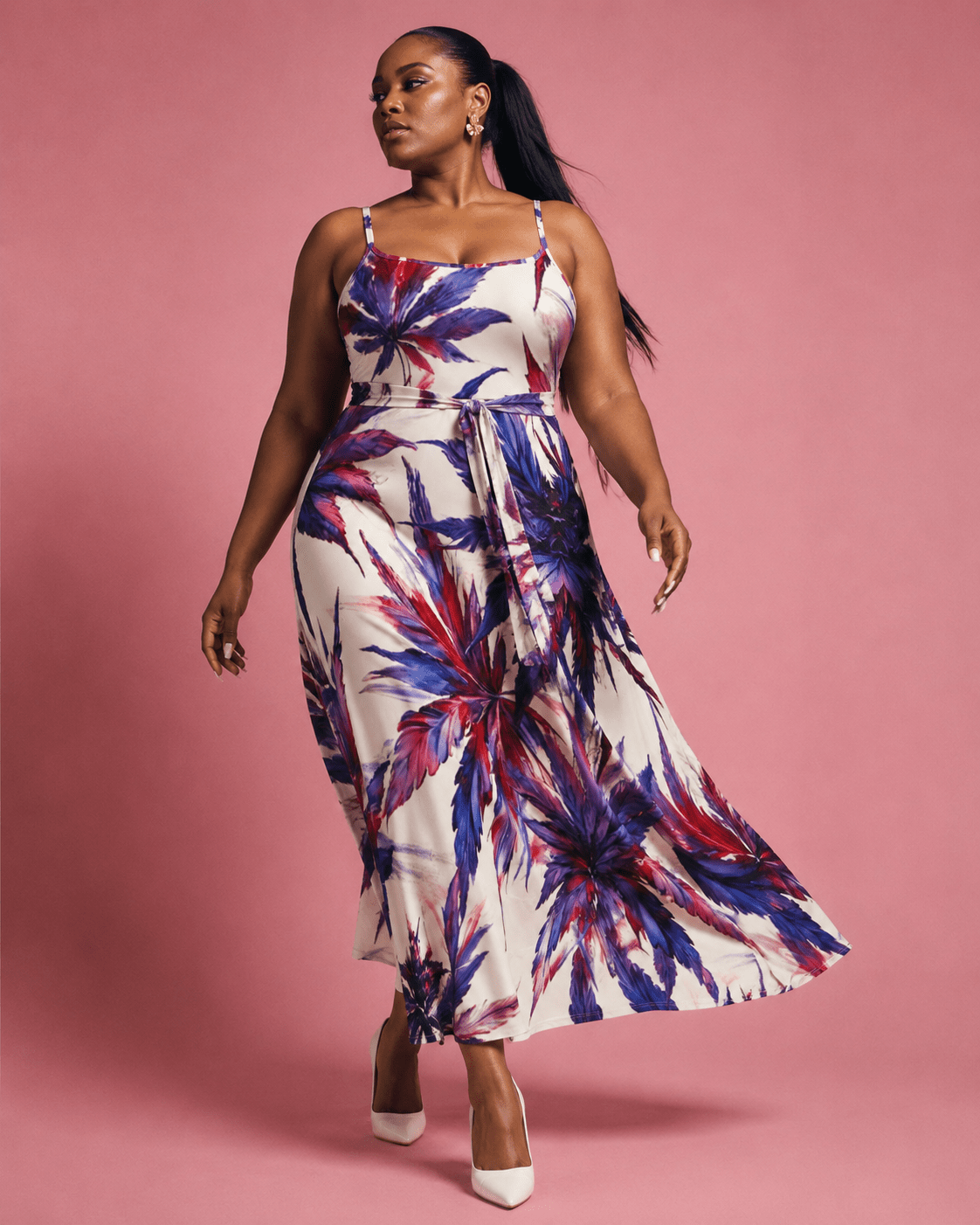 Mendo print tie-waist dress, lifestyle editorial shot on model