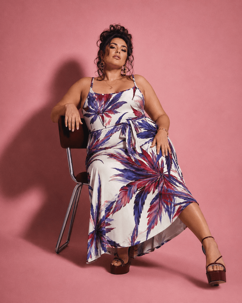Mendo print tie-waist dress, full length view on model outdoors