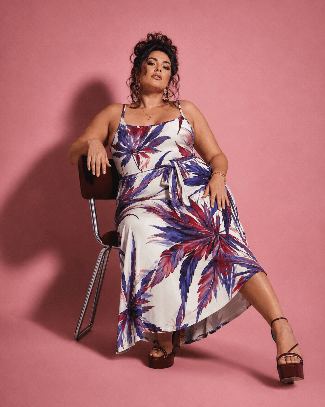 Mendo print tie-waist dress, full length view on model outdoors