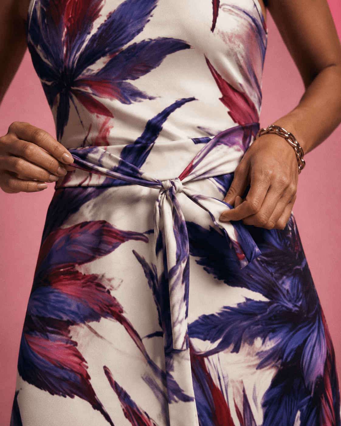 Mendo print tie-waist dress, close-up showing tie waist and print detail