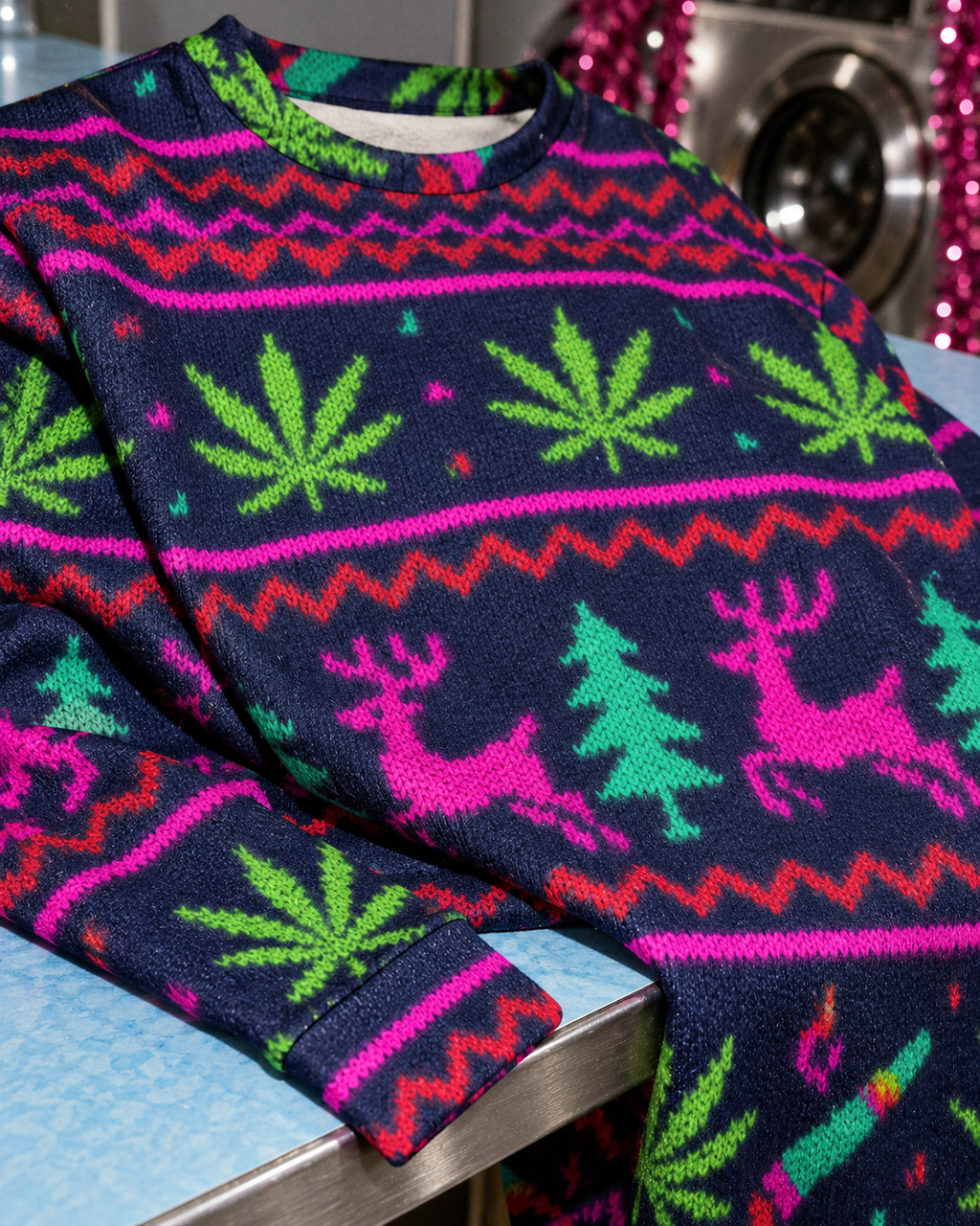Neon Xmas Crewneck Sweatershirt close-up of knit-like fabric, reindeer print and printed cuff