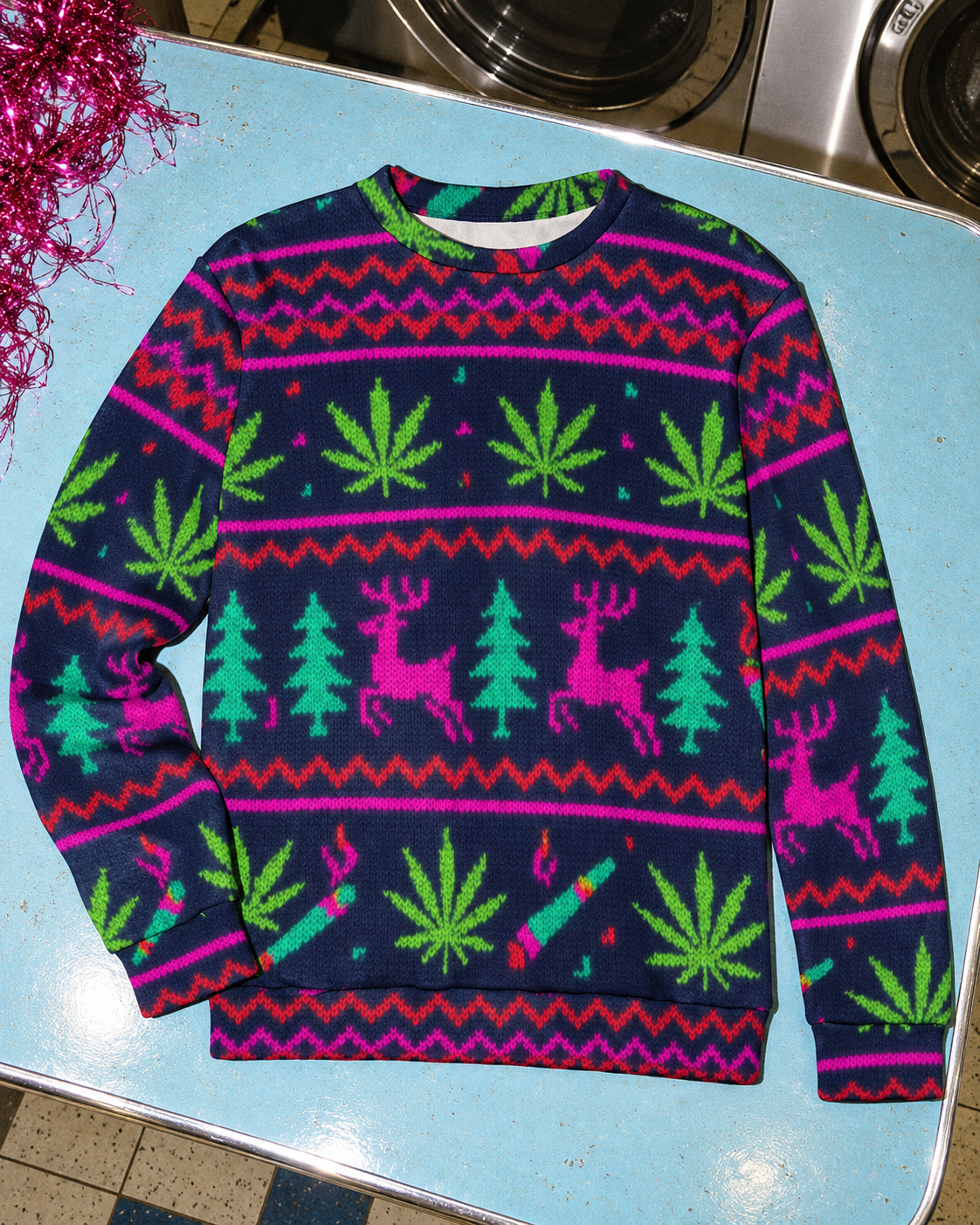 Neon Xmas Crewneck Sweatershirt front view showing reindeer, trees and Herb print