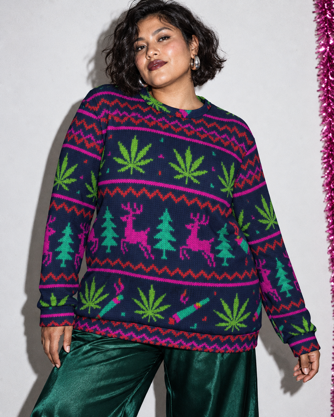 Neon Xmas Crewneck Sweatershirt size 2XL fit illustration on a pale studio background
