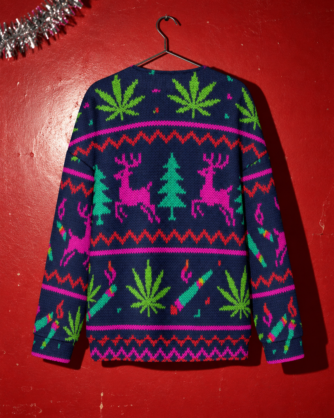 Neon Xmas Drop Shoulder Cardigan back view showing neon reindeer, trees and Herb print