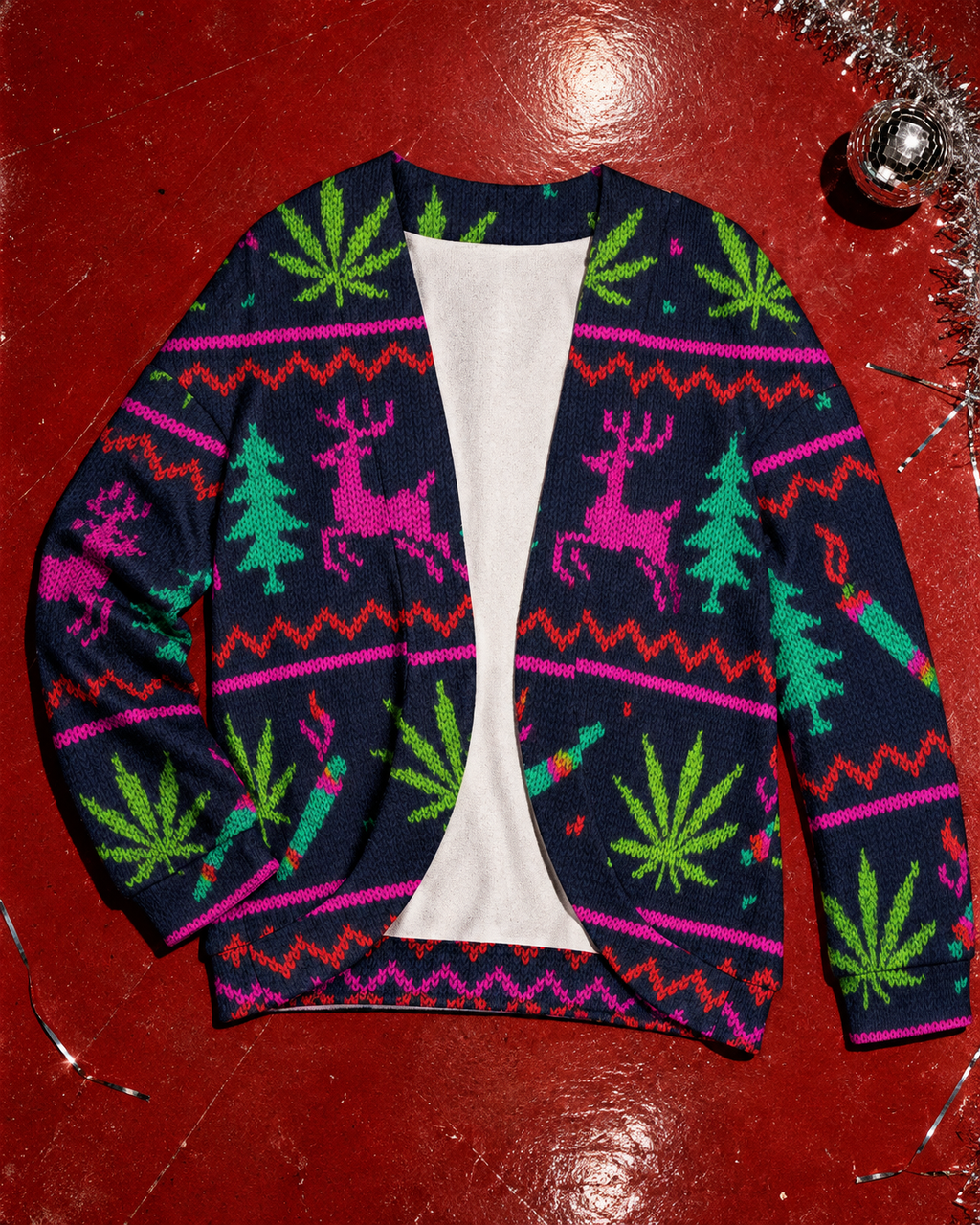 Neon Xmas Drop Shoulder Cardigan front view showing open front and curved hem