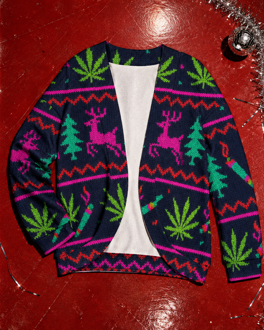 Neon Xmas Drop Shoulder Cardigan front view showing open front and curved hem