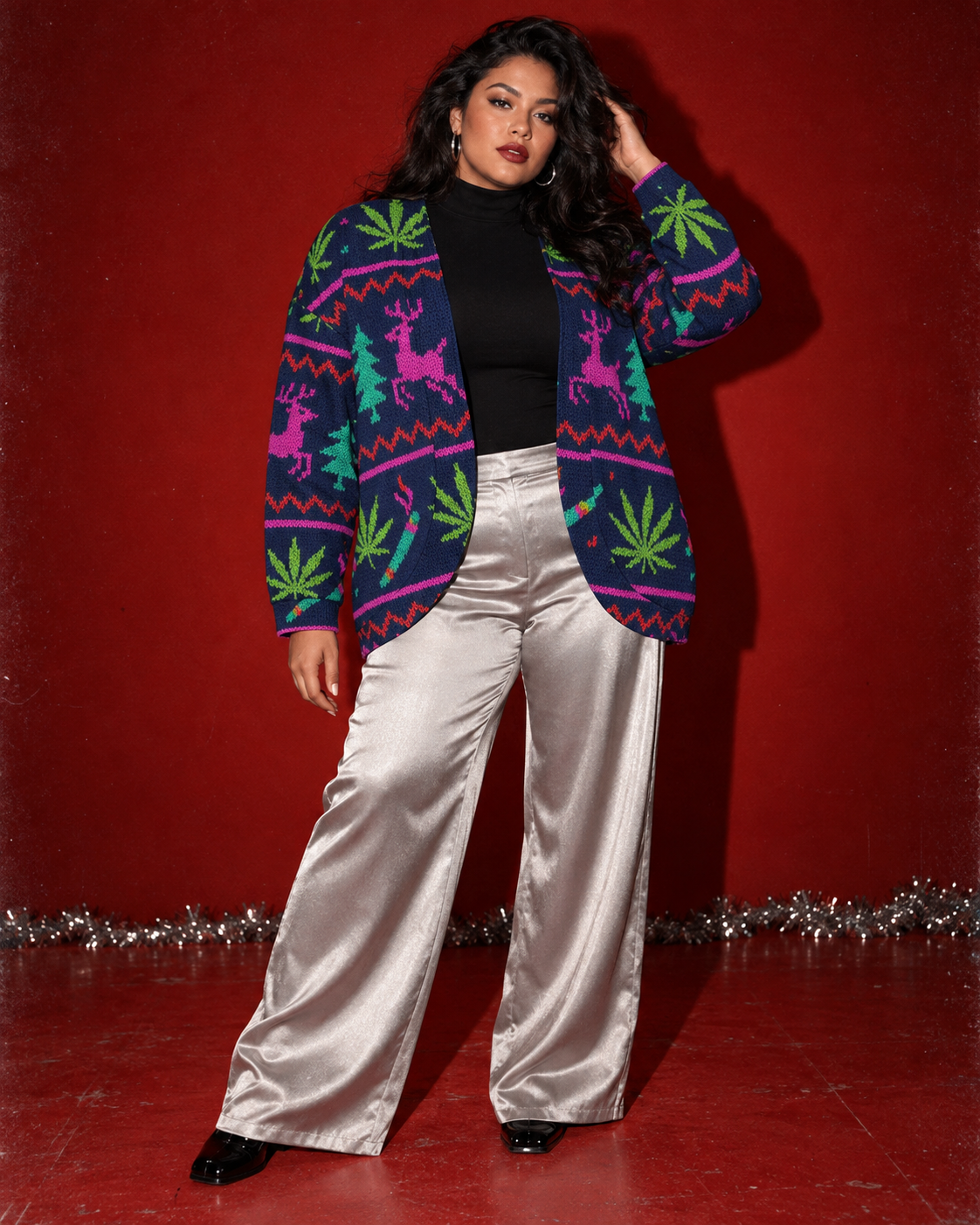 Neon Xmas Drop Shoulder Cardigan size 3XL fit illustration on a red studio background