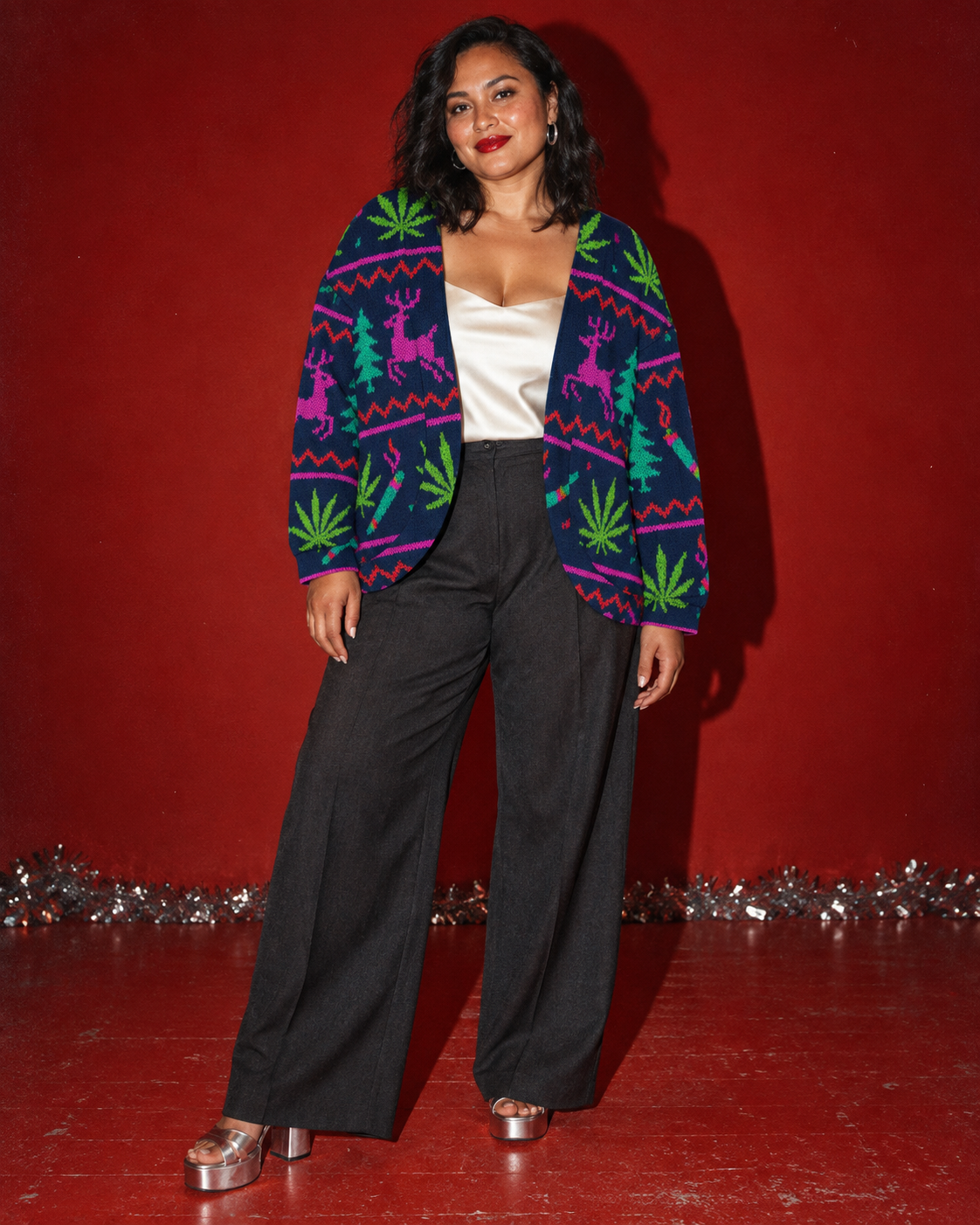 Neon Xmas Drop Shoulder Cardigan size L fit illustration on a red studio background