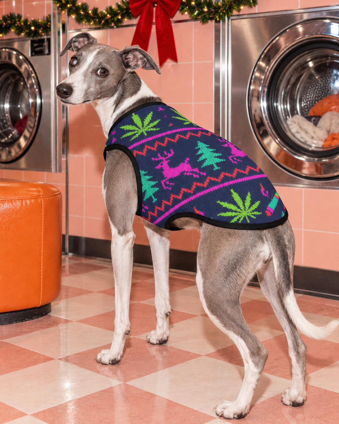 Size 3XL Neon X-Mas Dog Vest illustrated fit on a dog, showing festive print and black trim