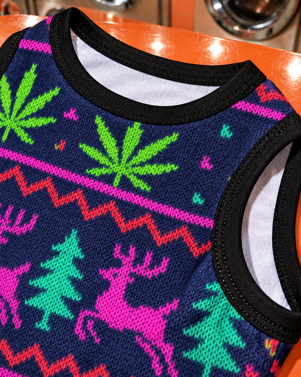 Close-up of Neon X-Mas Dog Vest printed polyester, black binding and stitching