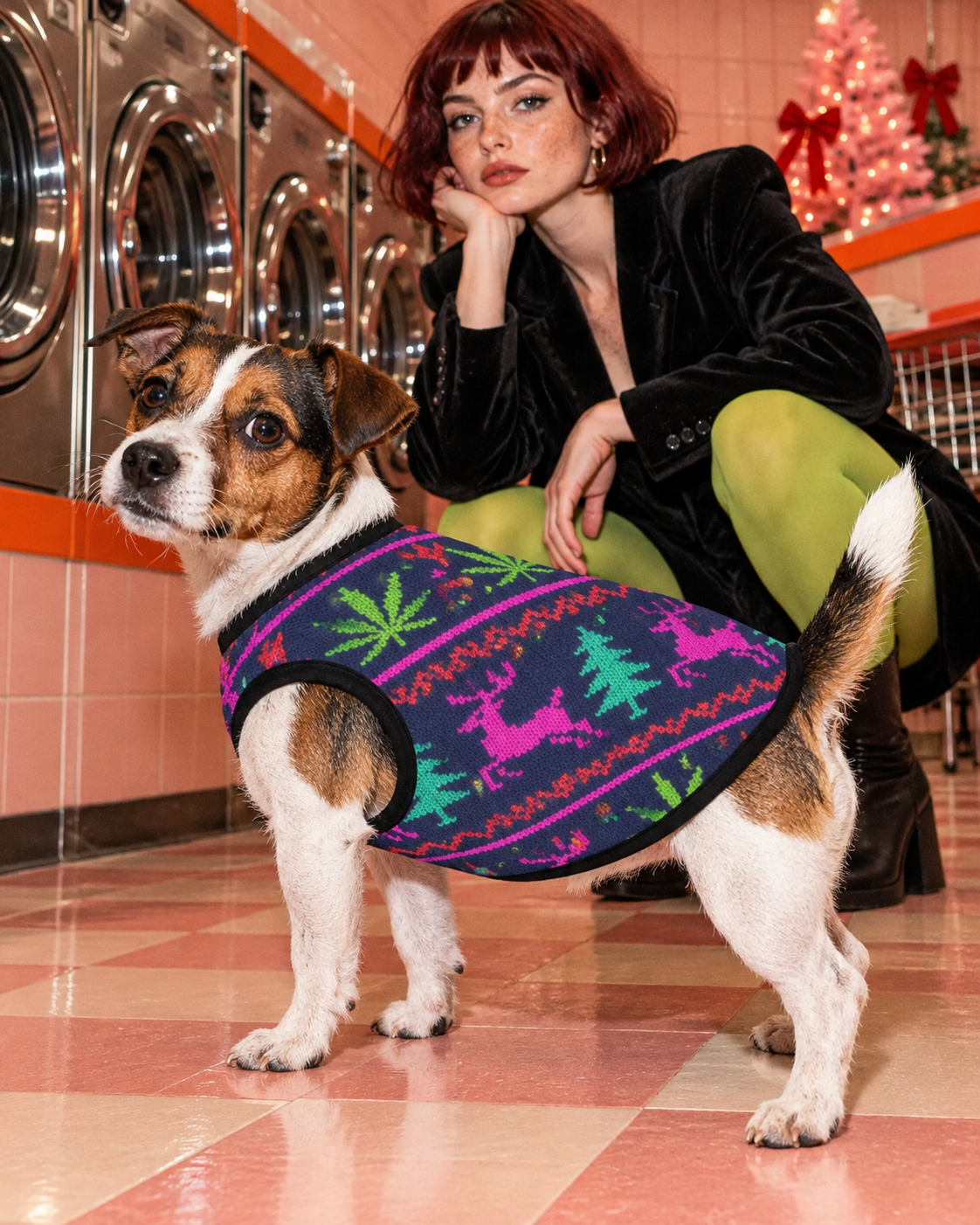 Dog wearing the Neon X-Mas Dog Vest in a pink holiday laundrette editorial