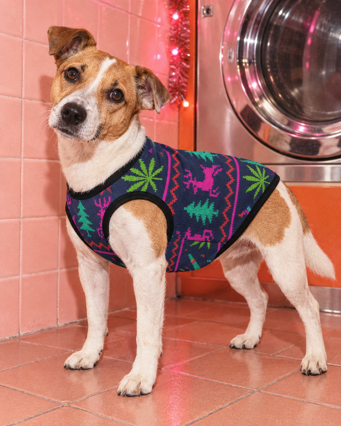 Size L Neon X-Mas Dog Vest illustrated fit on a dog, showing festive print and black trim
